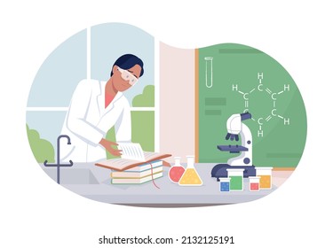 Male scientist 2D vector isolated illustration. School education. High school student flat character on cartoon background. Chemistry class colourful scene for mobile, website, presentation