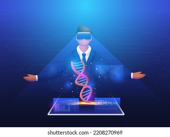 Científico Masculino Analizando E Interactuando Con El Holograma De Molécula De ADN Rotativo 3D Sobre El Fondo De Líneas Digitales Azules.