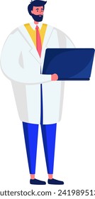 Male scientist with beard holding laptop, standing in lab coat. Professional researcher using computer. Modern technology in science vector illustration.