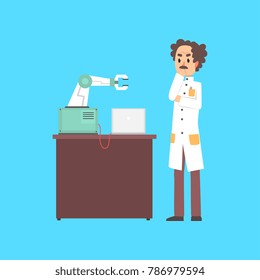 Male scientist cartoon character working with robotic arm conducting experiments vector illustration