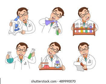 male scientist characters at work | Concept design on chemistry laboratory specialists working on research and exploration