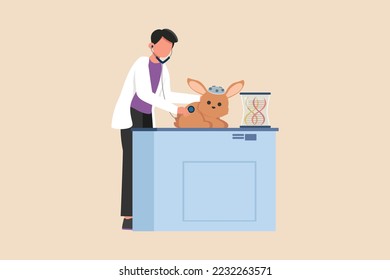 Male scientist check rabbit with stethoscope. Concept of scientist activity in laboratory. Flat vector illustrations isolated on white background.