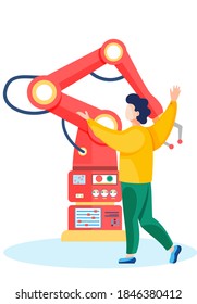 Male scientist conducting experiments with mechanical arm. Artificial intelligence. The guy explains to the robot the principles of working in engineering. Man stands with his arms outstretched