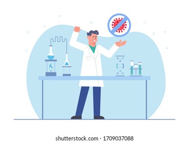 Male Scientist Discovers Virus Antidote Vaccine Concept. Laboratory Research in Flat Design Style Vector Illustration - Shutterstock ID 1709037088