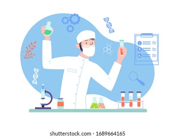 Male Scientist doing a medical research at the laboratory. Biochemical analysis with science equipment. Vector illustration in flat style