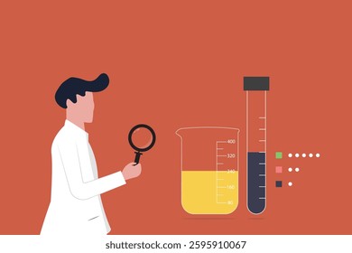 Male scientist doing scientific research in lab, holding magnifying glass and chemical flask, molecule models in background. For science, chemistry, physics, neuroscience concept