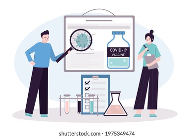 Male scientist examines virus with magnifying glass. Female doctor writing down research results. Medical workers developing vaccine against coronavirus. Vaccination concept. Flat vector illustration