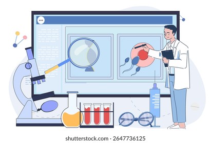 Cientista do sexo masculino examinando espermatozoides e óvulos na tela com microscópio, ferramentas de laboratório e ampliador de DNA no fundo branco. Conceito de ciência da fertilidade. Ilustração vetorial