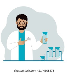 Male scientist with flasks. Experimental scientist, laboratory assistant, biochemistry, chemical, scientific research. Vector flat illustration