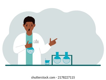 Male scientist with flasks. Experimental scientist, laboratory assistant, biochemistry, chemical, scientific research. Vector flat illustration for banner, advertisement or web.