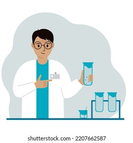 Male scientist with flasks. Experimental scientist, laboratory assistant, biochemistry, chemical, scientific research. Vector flat illustration - Shutterstock ID 2207662587