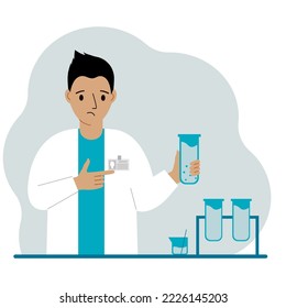 Male scientist with flasks. Experimental scientist, laboratory assistant, biochemistry, chemical, scientific research. Vector flat illustration