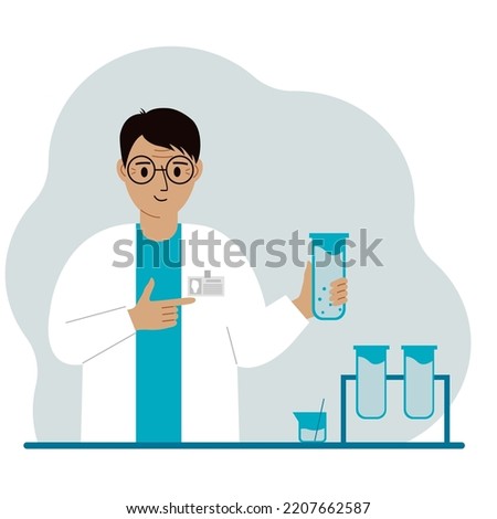 Male scientist with flasks. Experimental scientist, laboratory assistant, biochemistry, chemical, scientific research. Vector flat illustration
