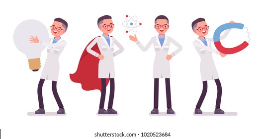 Male scientist and giant things. Expert of physical or natural laboratory in white coat with tools. Science and technology concept. Vector flat style cartoon illustration isolated on white background