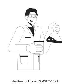 Hombre científico sosteniendo frascos en laboratorio en blanco y negro personaje de dibujos animados de línea 2D. Profesor de química en la lección Vector aislado esbozo persona. Personal escolar ilustración de punto plano monocromático