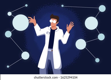 Male Scientist In Lab Coat Checking Artificial Neurons Connected Into Neural Network. Computational Neuroscience, Machine Learning, Scientific Research. Vector Illustration In Flat Cartoon Style.