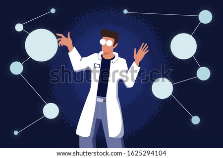 Male scientist in lab coat checking artificial neurons connected into neural network. Computational neuroscience, machine learning, scientific research. Vector illustration in flat cartoon style.