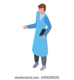 Male scientist in a lab coat is gesturing with one hand and holding a book in the other