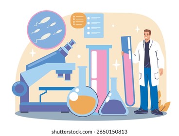 Cientista masculino em jaleco segurando grande tubo de ensaio cercado por microscópio, frascos e diagrama de esperma em fundo bege. Conceito de pesquisa de fertilidade. Ilustração vetorial