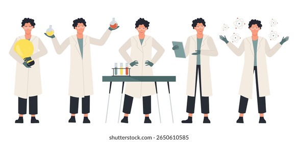 Male scientist in lab coat performing various science activities with equipment, experiments, and research concepts, perfect for education, presentations, and STEM projects isolated on white