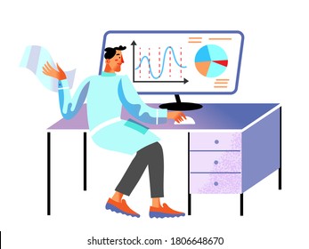 Male scientist in lab coat sits at desk analyzes data graph on computer screen. Man works in scientific laboratory, doing medical or chemical tests. Vector character illustration isolated on white