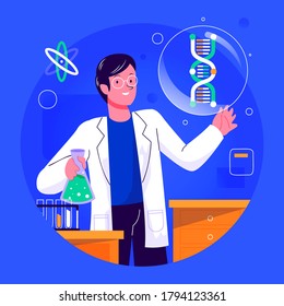 Male Scientist. Lab Research Graphics. Men Working In Laboratory. Science Experiment. Development Vaccine Or Drug Of Covid19. Scientific Interior- Chemical, Physical, Medical Or Microbiology Tech