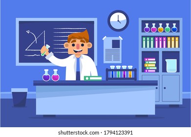 Male scientist. Lab research graphics. Men working in laboratory. Science experiment. Development vaccine or drug of covid19. Scientific interior- chemical, physical, medical or microbiology tech