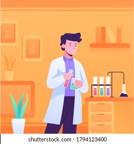 Male scientist. Lab research graphics. Men working in laboratory. Science experiment. Development vaccine or drug of covid19. Scientific interior- chemical, physical, medical or microbiology tech