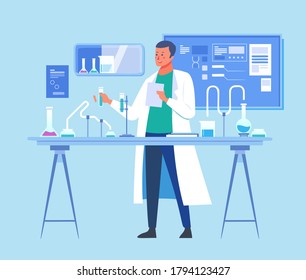 Male scientist. Lab research graphics. Men working in laboratory. Science experiment. Development vaccine or drug of covid19. Scientific interior- chemical, physical, medical or microbiology tech