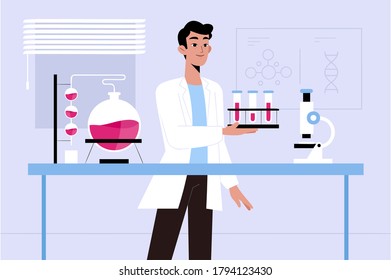 Male scientist. Lab research graphics. Men working in laboratory. Science experiment. Development vaccine or drug of covid19. Scientific interior- chemical, physical, medical or microbiology tech