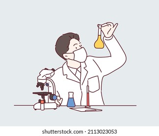 Male scientist. Lab research graphics. Men working in laboratory. Hand drawn style vector design illustrations.