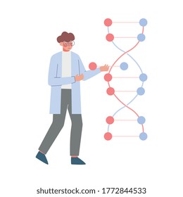Male Scientist in Lab, Tiny People in White Coat Doing Professional Researchers with Dna Structure Flat Style Vector Illustration