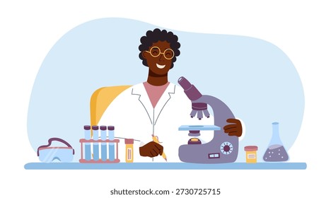 Científico masculino en laboratorio con microscopio y tubos de ensayo. Concepto de biotecnología, investigación médica, ciencia, química. Ilustración plana de Vector.