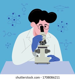 Male scientist looking through a microscope in a chemistry lab on a blue background with formulas. Vector illustration in flat style.