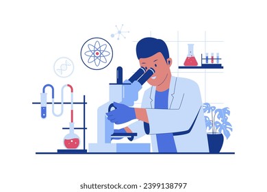 Male Scientist looking through a microscope in a laboratory. Vector flat illustration