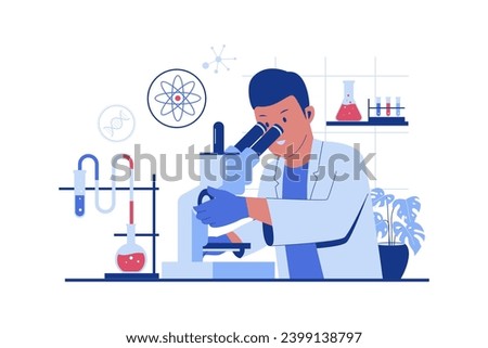 Male Scientist looking through a microscope in a laboratory. Vector flat illustration