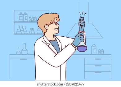 Male scientist make experiments with tube in laboratory. Man researcher in white uniform experiment in lab. Biology and science. Vector illustration. 