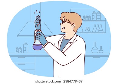 Male scientist make experiments with tube in laboratory. Man researcher in white uniform experiment in lab. Biology and science. Vector illustration.