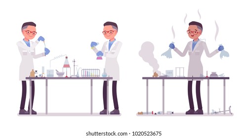 Male scientist making chemical experiments. Expert of physical or natural laboratory in white coat. Science and technology concept. Vector flat style cartoon illustration isolated on white background