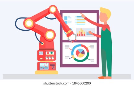 Male scientist and mechanical arm conducting experiments. Artificial intelligence concept. The guy is teaching the robot the principles of working with statistics. Data analysis, activity accounting