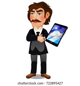 Male scientist with mustache in a suit shows on the electronic tablet image of an unidentified flying object. Man ufologist is making presentation isolated on white background. Vector cartoon close-up