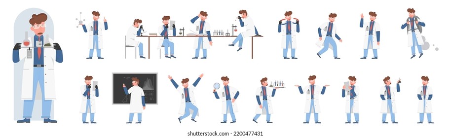 Male scientist poses in side, front and back view set vector illustration. Cartoon man chemist with beard, lab coat and glasses working with microscope, laboratory equipment isolated on white