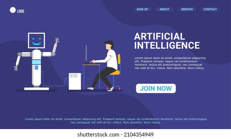 a male scientist is programming a robot with his computer, artificial intelligence technology of the future. landing page