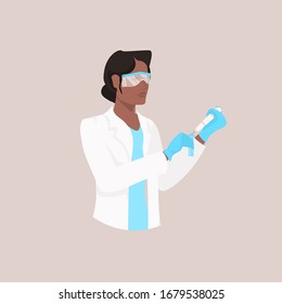 male scientist in protective glasses and gloves dropping liquid substance into test tube african american researcher using long glass pipette scientific chemical experiment portrait vector