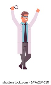 male scientist raising hands with magnifying glass man researcher in uniform making experiment analysis in laboratory research science chemical concept vertical full length flat