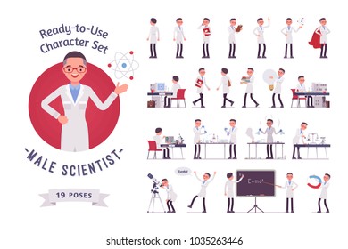 Male scientist ready-to-use character set. Expert of physical or natural laboratory in white coat, full length, different views, gestures, emotions, front, rear view. Science and technology concept