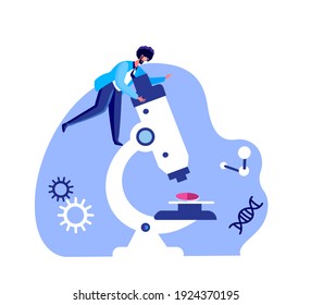 Male Scientist Researcher in Lab coat Explores new Drug Tablet in Pharmacy Laboratory. Scientific Genetical Research Biological Analysis , Microscope, Atom Molecule Gene DNA . Flat vector illustration