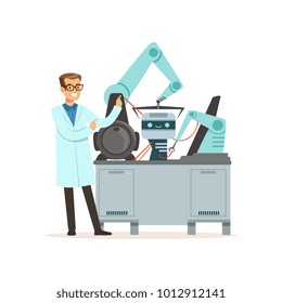 Male scientist and robotic arm conducting experiments in a modern laboratory, artificial intelligence concept vector illustration