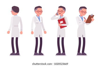 Male scientist standing. Expert of physical or natural laboratory in white coat. Science and technology concept. Vector flat style cartoon illustration isolated on white background, front, rear view