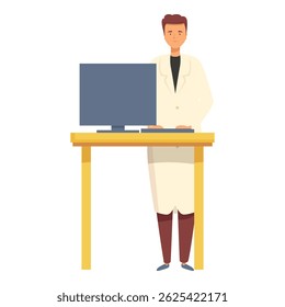 Male scientist standing near desk with computer, science laboratory worker character conducting research